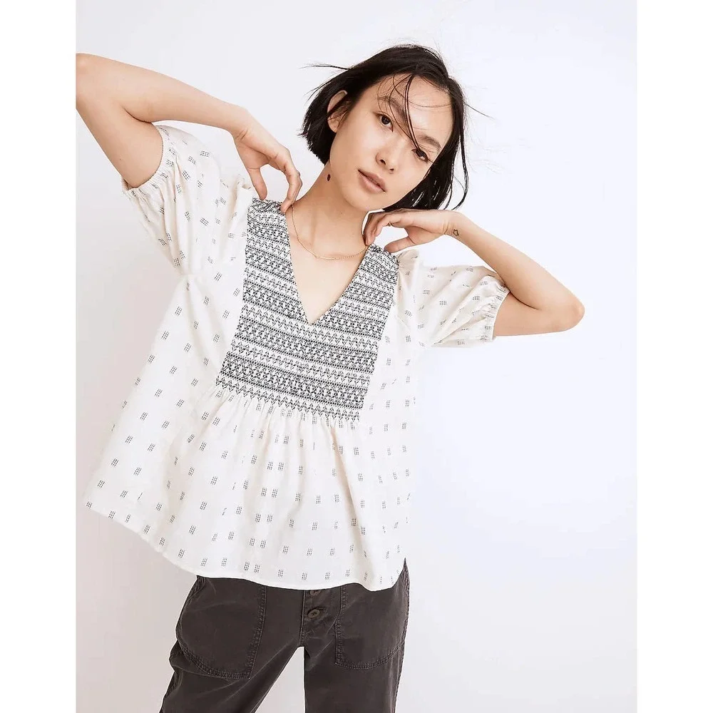 Madewell Embroidered-Yoke Top in Clipdot White Sz Small
